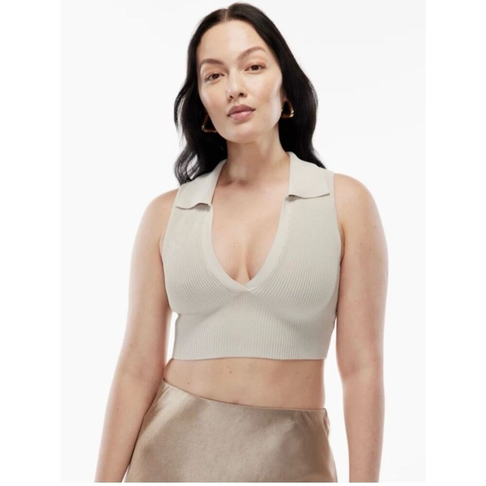 Aritzia Babaton Sculpt Knit Polo Top XS Matte Pearl Ribbed Cropped Tank Top NWT